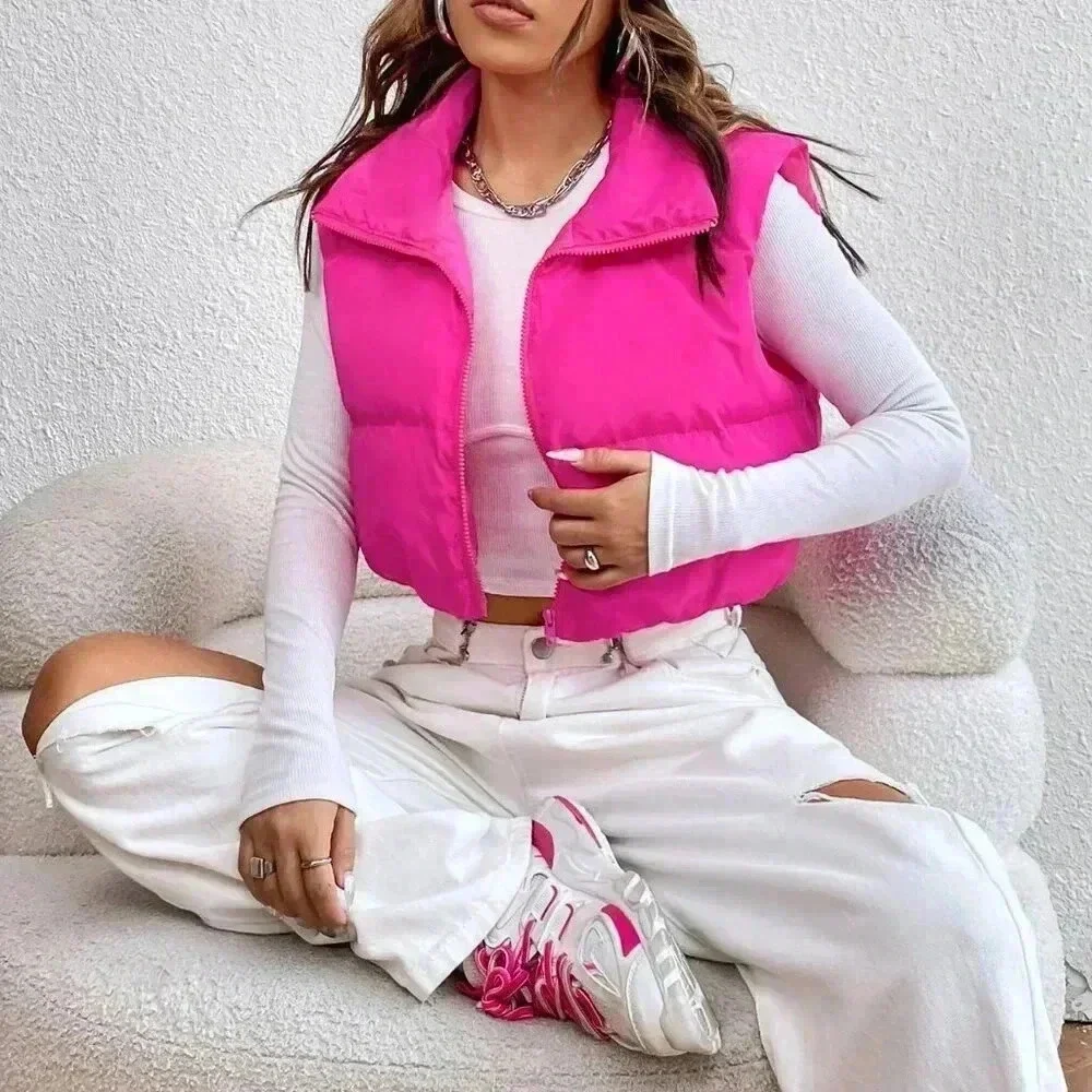 Hot Pink Casual Women's Y2k Zipper Front Vest Padded Coat
